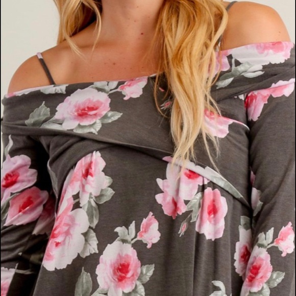 Charcoal Floral Cold Shoulder Dress - Picture 2 of 5